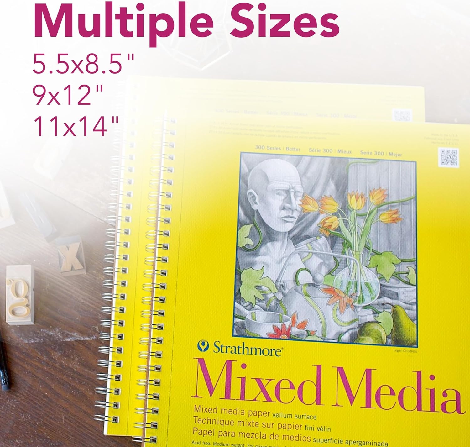 Strathmore 300 Series Mixed Media Paper Pad, Side Wire Bound, 11×14 inches, 40 Sheets (117lb/190g) – Artist Paper for Adults and Students – Watercolor, Gouache, Graphite, Ink, Pencil, Marker(9 x 12 inches)
