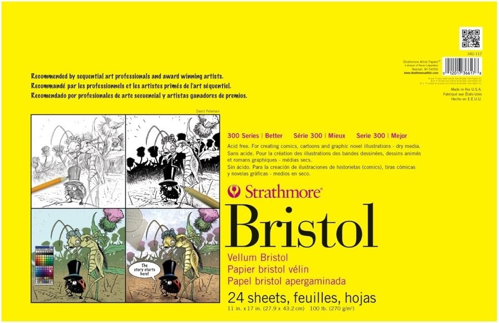 Strathmore 300 Series Bristol Paper Pad, Smooth, Tape Bound, 14×17 inches, 20 Sheets (100lb/270g) – Artist Paper for Adults and Students – Markers, Pen and Ink(Vellum)