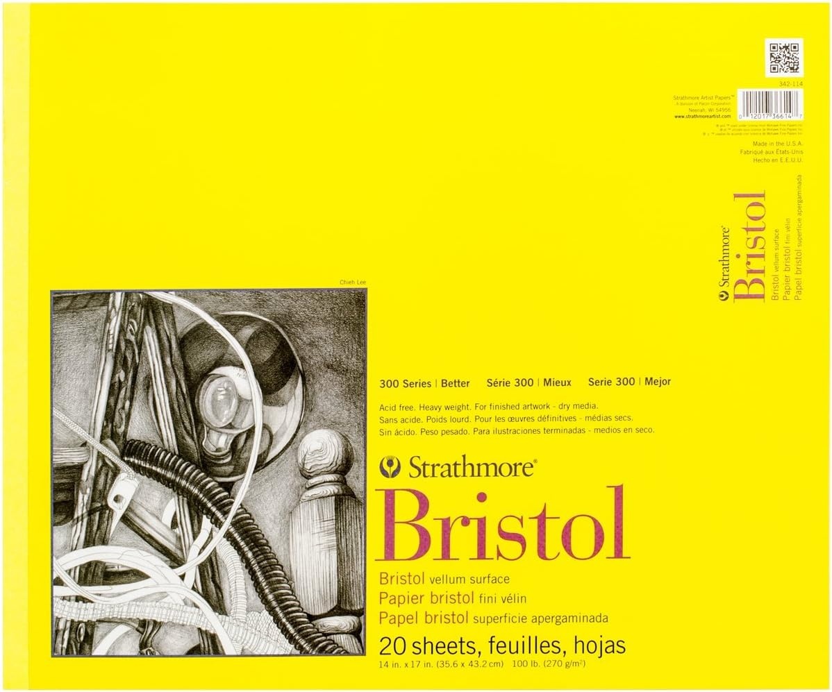 Strathmore 300 Series Bristol Paper Pad, Smooth, Tape Bound, 14×17 inches, 20 Sheets (100lb/270g) – Artist Paper for Adults and Students – Markers, Pen and Ink(Vellum)