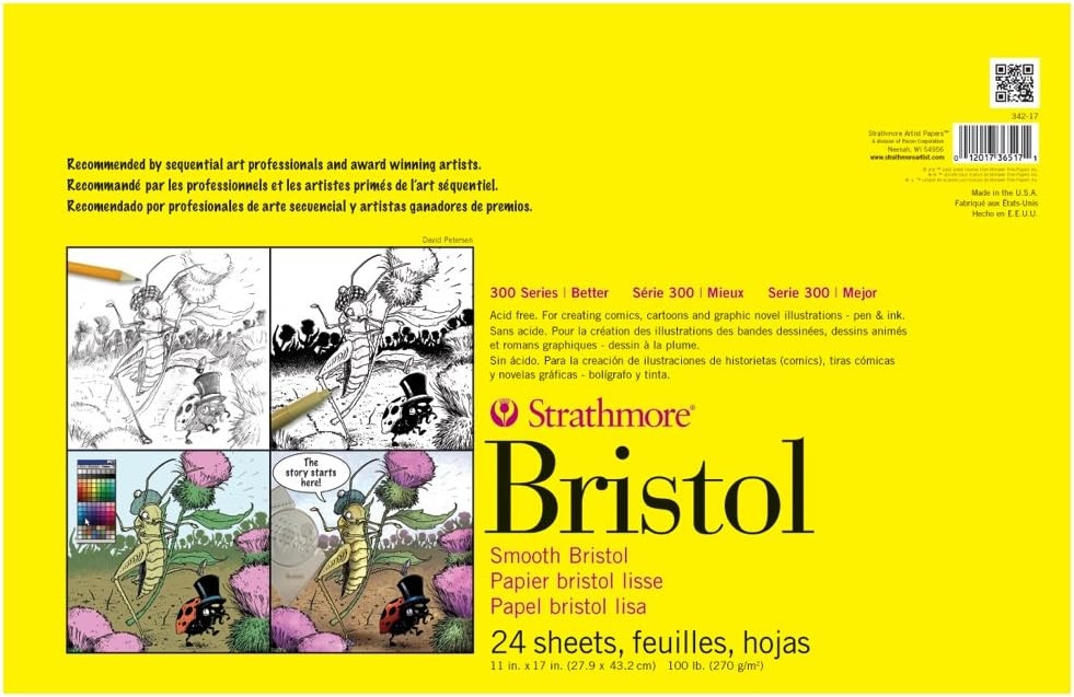 Strathmore 300 Series Bristol Paper Pad, Smooth, Tape Bound, 14×17 inches, 20 Sheets (100lb/270g) – Artist Paper for Adults and Students – Markers, Pen and Ink(Smooth)