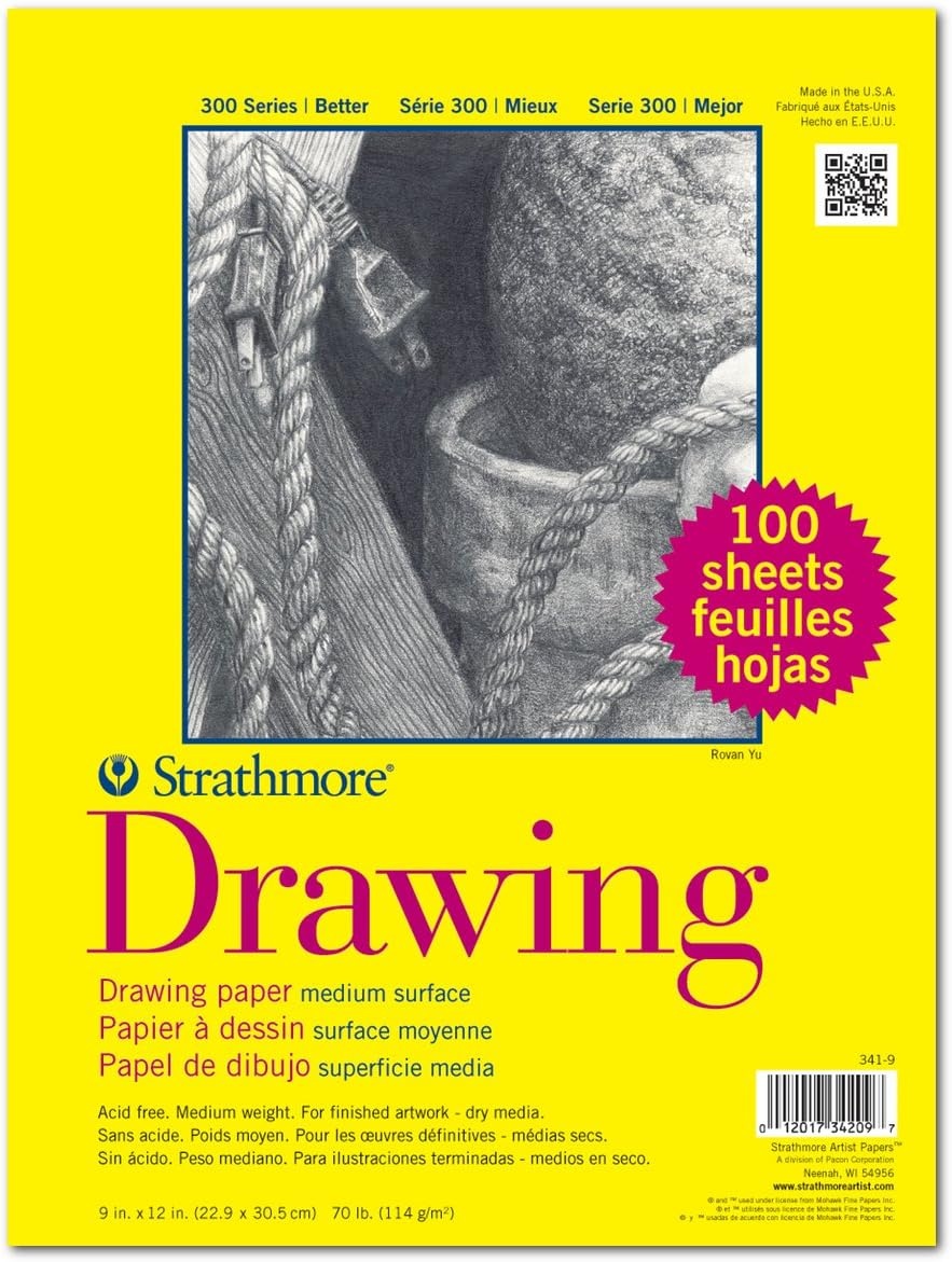 Strathmore 300 Series Wire Bound Drawing Pad, 70 lb. Drawing Paper, 9 X 12 inches, White, 50 Sheets (340-9)(9×12)
