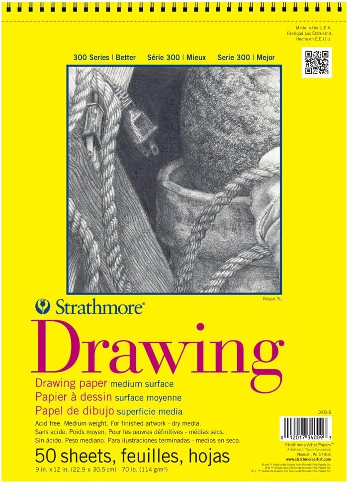 Strathmore 300 Series Wire Bound Drawing Pad, 70 lb. Drawing Paper, 9 X 12 inches, White, 50 Sheets (340-9)(9×12)