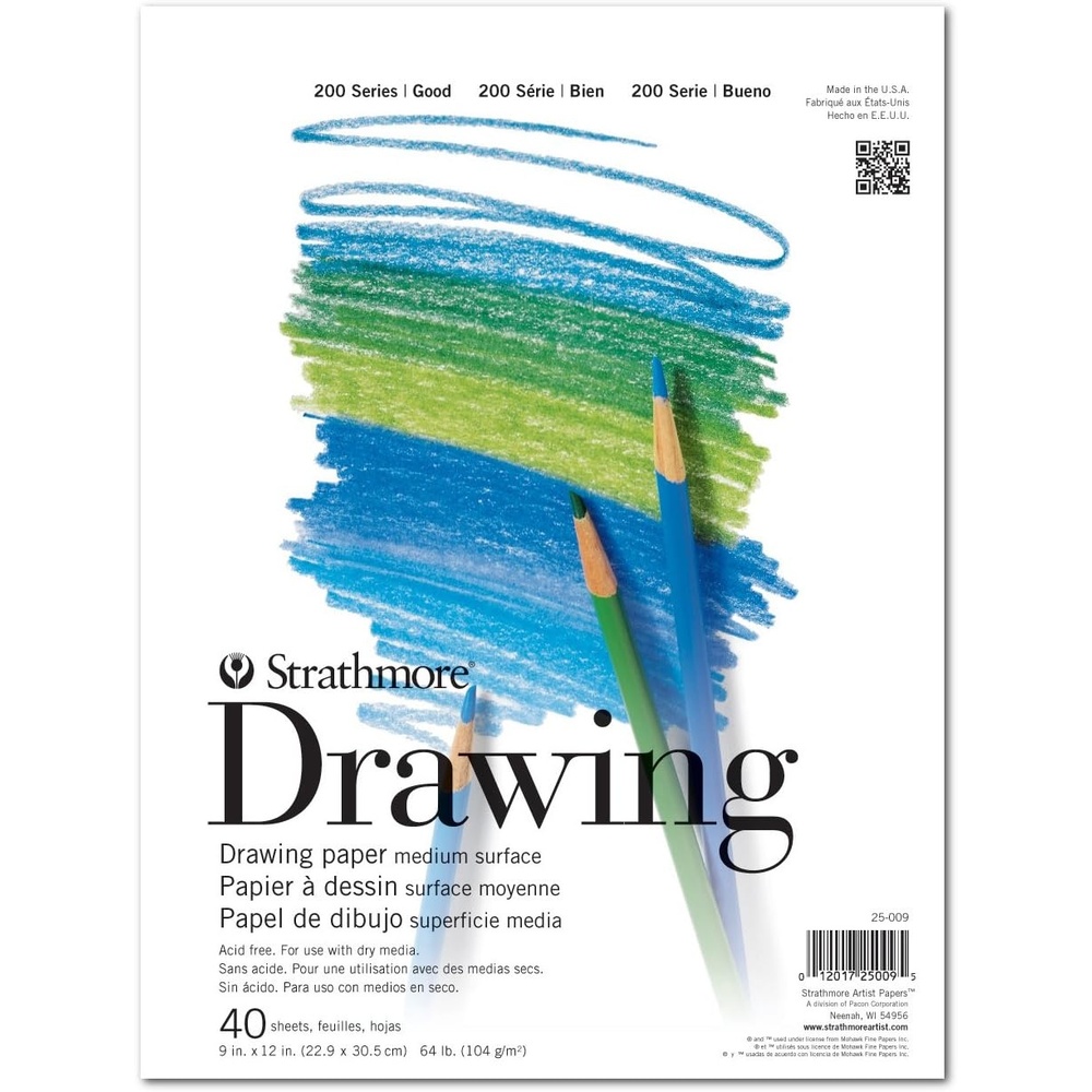 Strathmore 200 Series Drawing Paper, Tape Bound Pad, 9×12 inches, 40 Sheets (64lb/104g) – Artist Paper for Adults and Students – Charcoal, Colored Pencil, Ink, Pastel, Marker(9×12)