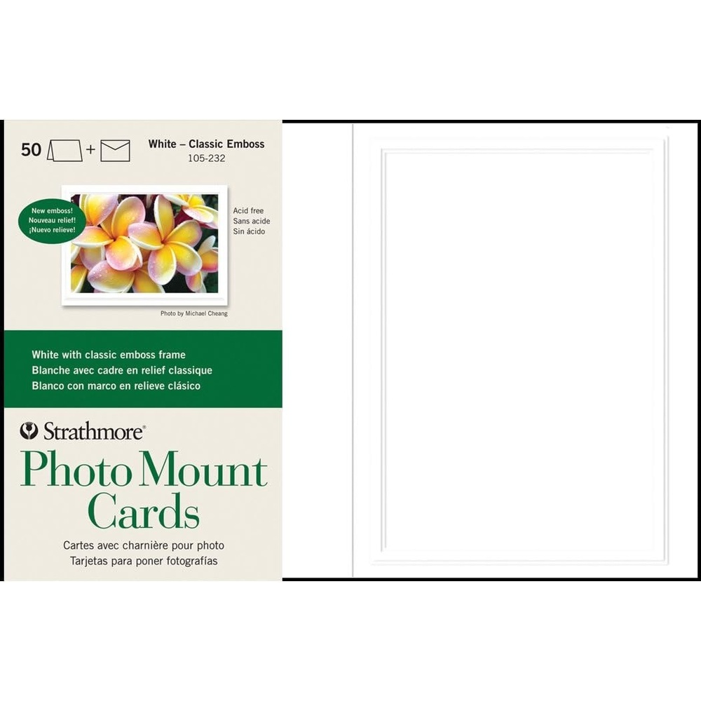 Strathmore 105-232 Photo Mount Cards, White, Classic Embossed Border, 50 Cards & Envelopes(5×6.875)