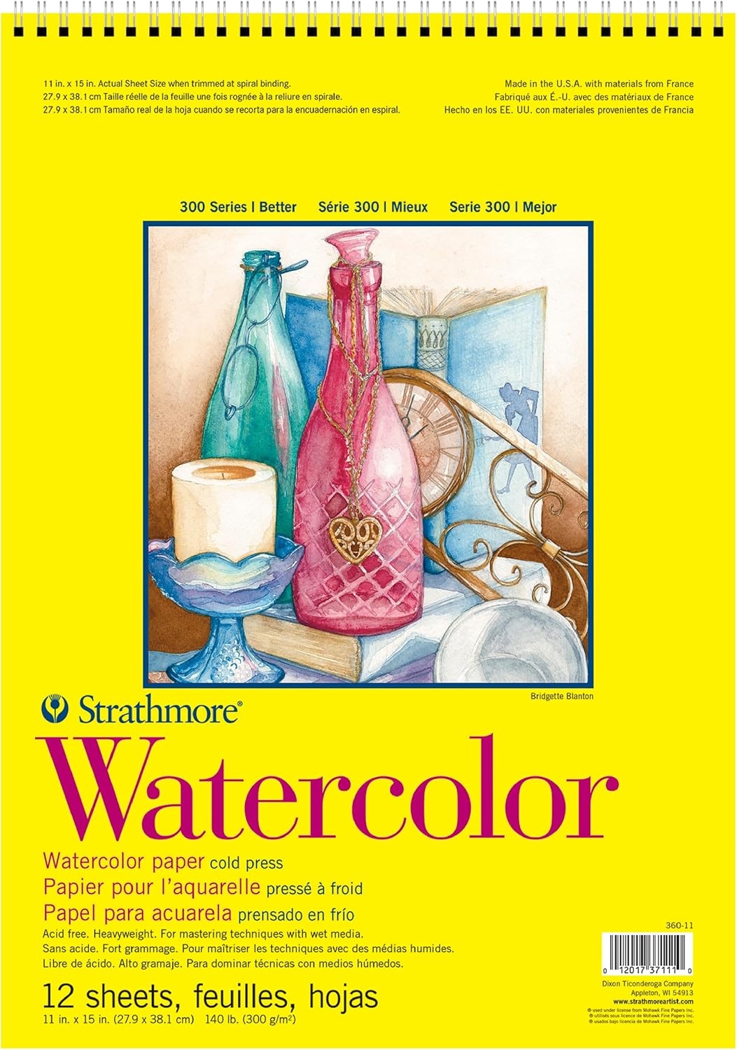 Strathmore 300 Series Watercolor Paper Pad, Top Wire Bound, 9×12 inches, 12 Sheets (140lb/300g) – Artist Paper for Adults and Students – Watercolors, Mixed Media, Markers and Art Journaling(11×15)