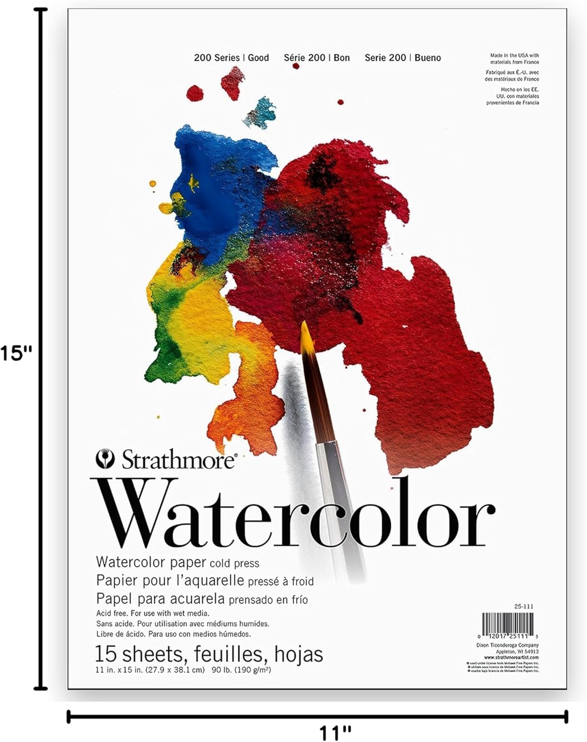 Strathmore 200 Series Watercolor Paper, Tape Bound Pad, 11×15 inches, 15 Sheets (90lb/190g) – Artist Paper for Adults and Students – Watercolors, Mixed Media, Markers and Art Journaling(11×15)
