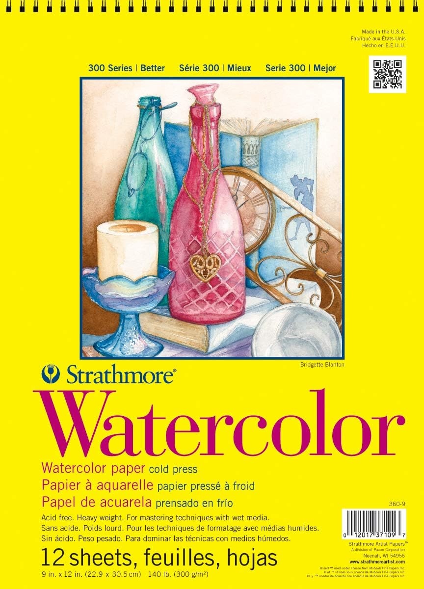 Strathmore 300 Series Watercolor Paper Pad, Top Wire Bound, 9×12 inches, 12 Sheets (140lb/300g) – Artist Paper for Adults and Students – Watercolors, Mixed Media, Markers and Art Journaling(9×12)