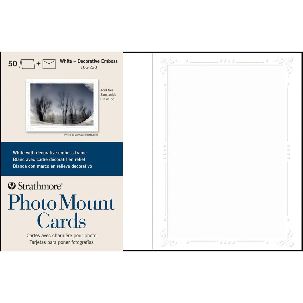 Strathmore Photo Mount Cards, White with Decorative Border, 5×6.875 inches, 50 Pack, Envelopes Included – Blank Greeting Cards for Weddings, Events, Birthdays