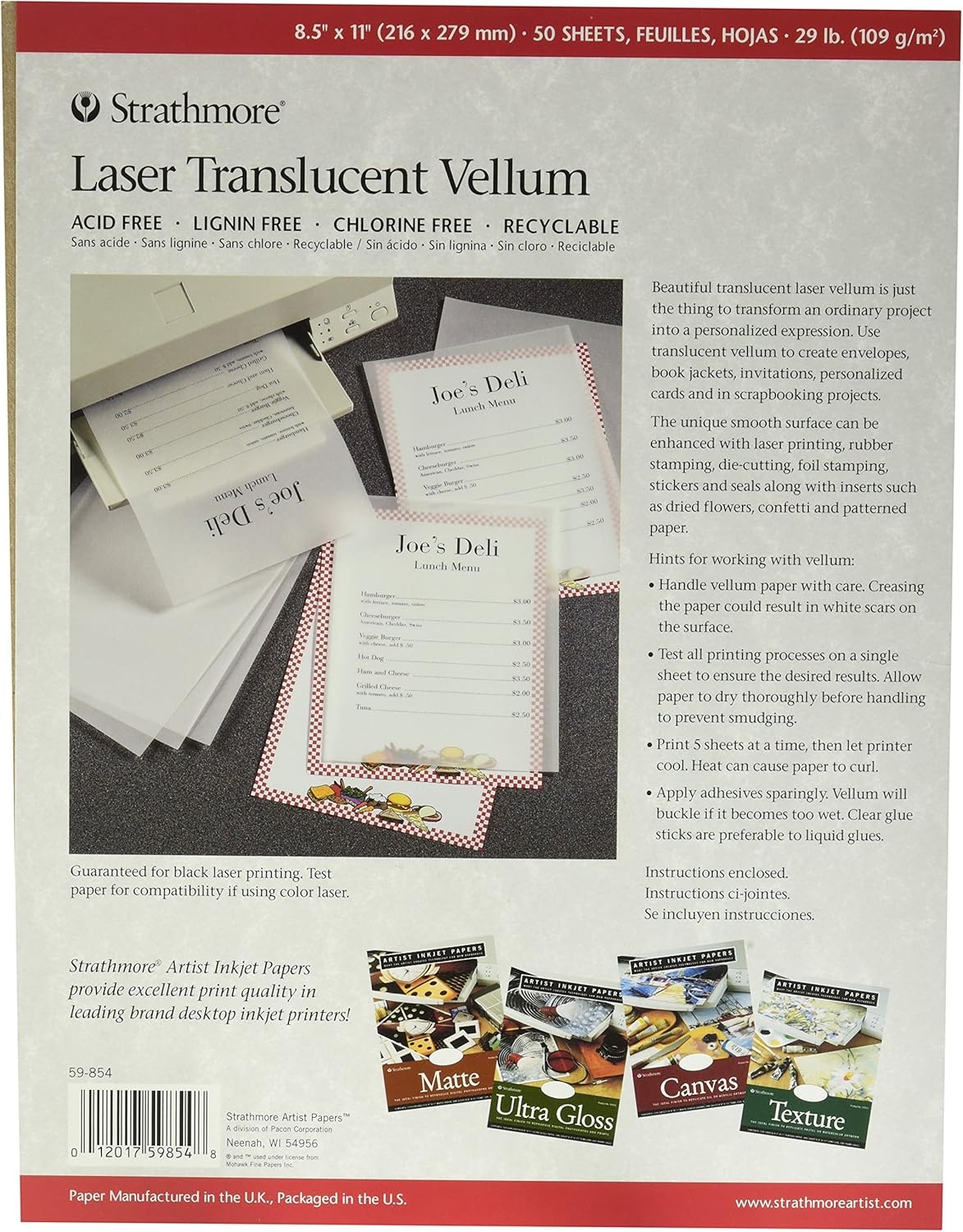Strathmore 59-854 Laser Vellum Inkjet Paper, 8.5″x11″, 50 Sheets,white/ivory(8.5″x11″)